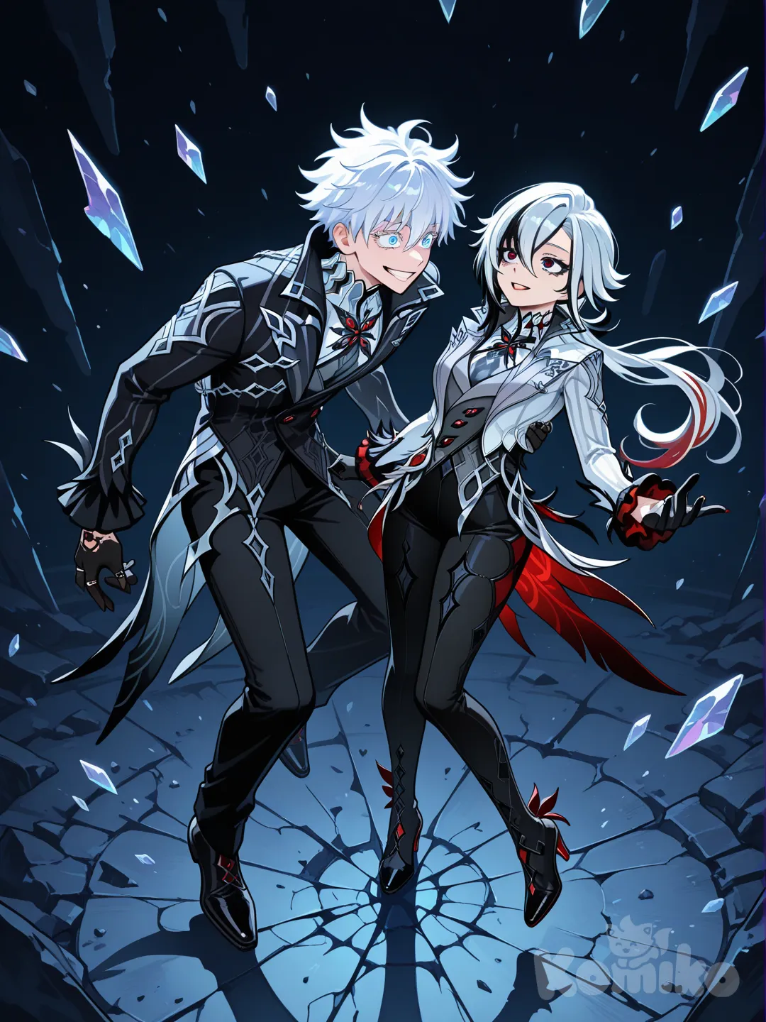 Тела @Arlecchino_(Genshin_Impact) и @Gojou_Satoru раскалываются в осколки, но они улыбаются как безумцы с раскрытыми глазами и широкими открытыми улыбками, смотря друг на друга безумие, глаза в глаза, бесконечность