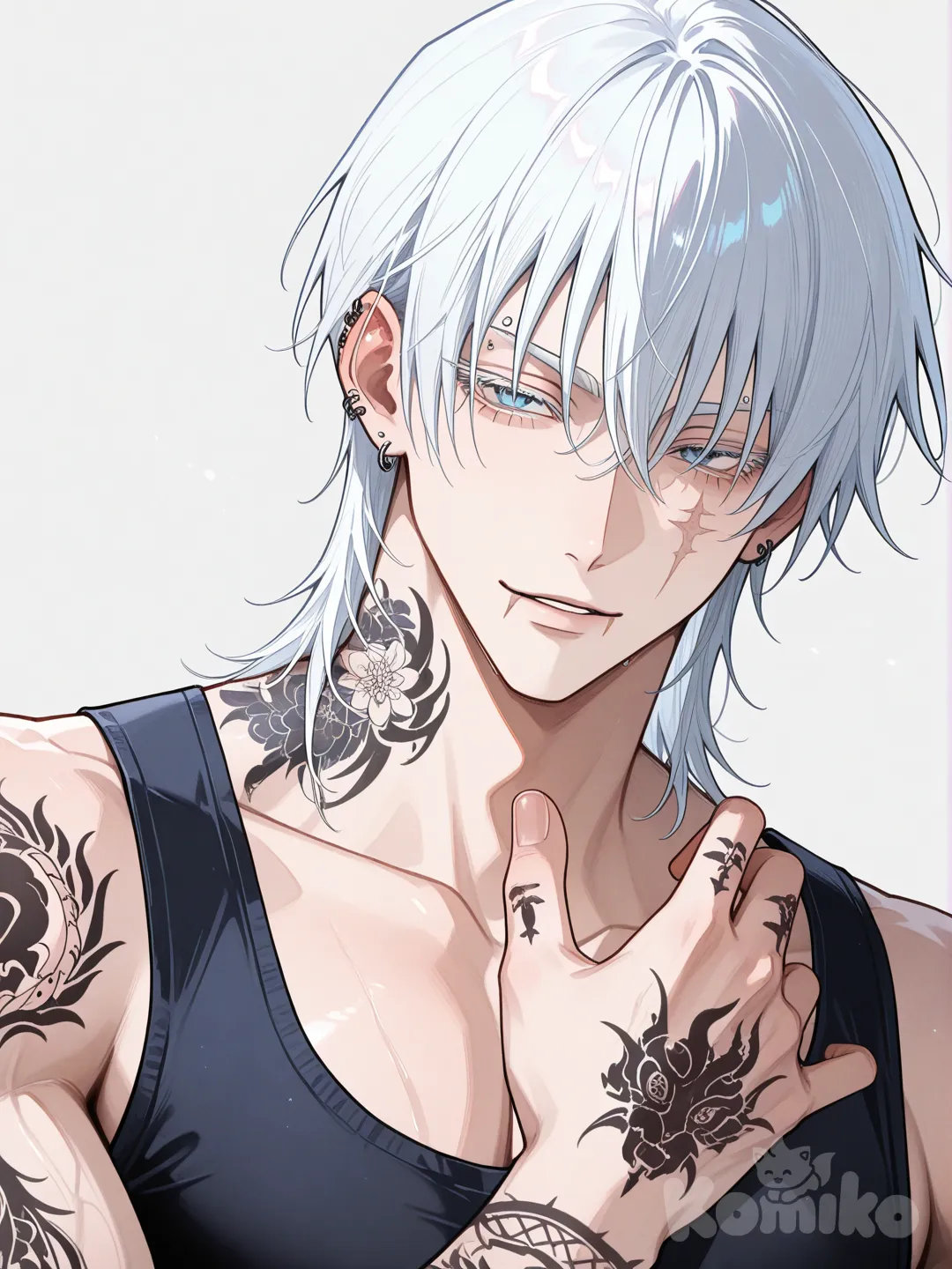 un chico de cabello blanco un poco largo con pestañas y cejas blancas con ojos azules con aretes y una cicatriz en el labio y un piercing en la ceja, con un tatuaje en el brazo que llega hasta la mano con un tatuaje en el cuello, Fushiguro Touji