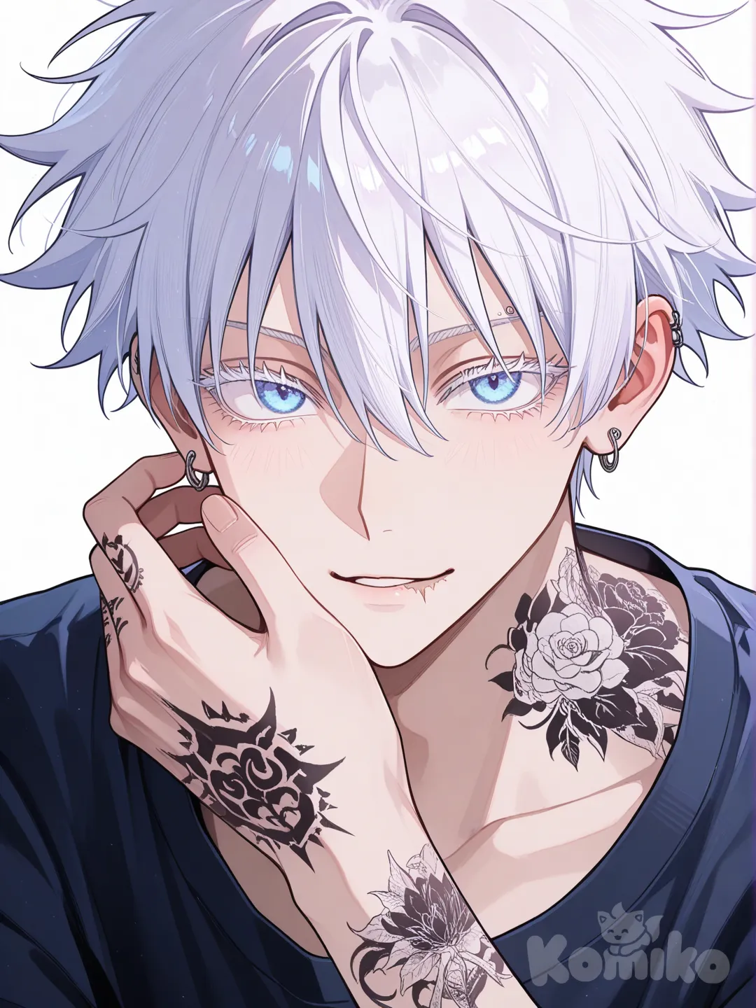 Soy un chico de cabello blanco un poco largo con pestañas y cejas blancas con ojos azules con aretes y una cicatriz en el labio y un piercing en la ceja, con un tatuaje en el brazo que llega hasta la mano con un tatuaje en el cuello, Gojou_Satoru