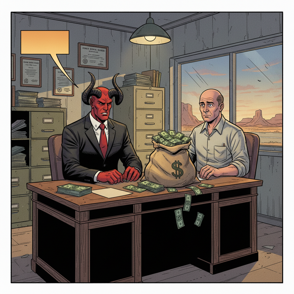 A horned Red devil in a black suit walking along route 66 spots an american retro diner along the road that is for sale.
The devil enter the office and starts negotiating about a good price. The devil shows a bag of money.
The devil succeeds in buying the diner and is now the new owner.