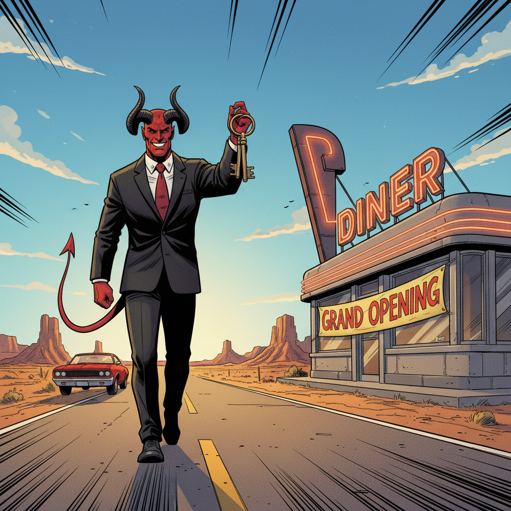 A horned Red devil in a black suit walking along route 66 spots an american retro diner along the road that is for sale.
The devil enter the office and starts negotiating about a good price. The devil shows a bag of money.
The devil succeeds in buying the diner and is now the new owner.