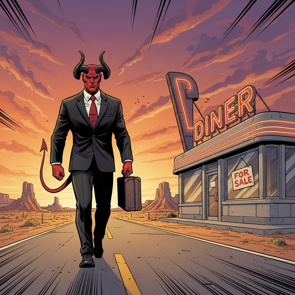 A horned Red devil in a black suit walking along route 66 spots an american retro diner along the road that is for sale.
The devil enter the office and starts negotiating about a good price. The devil shows a bag of money.
The devil succeeds in buying the diner and is now the new owner.