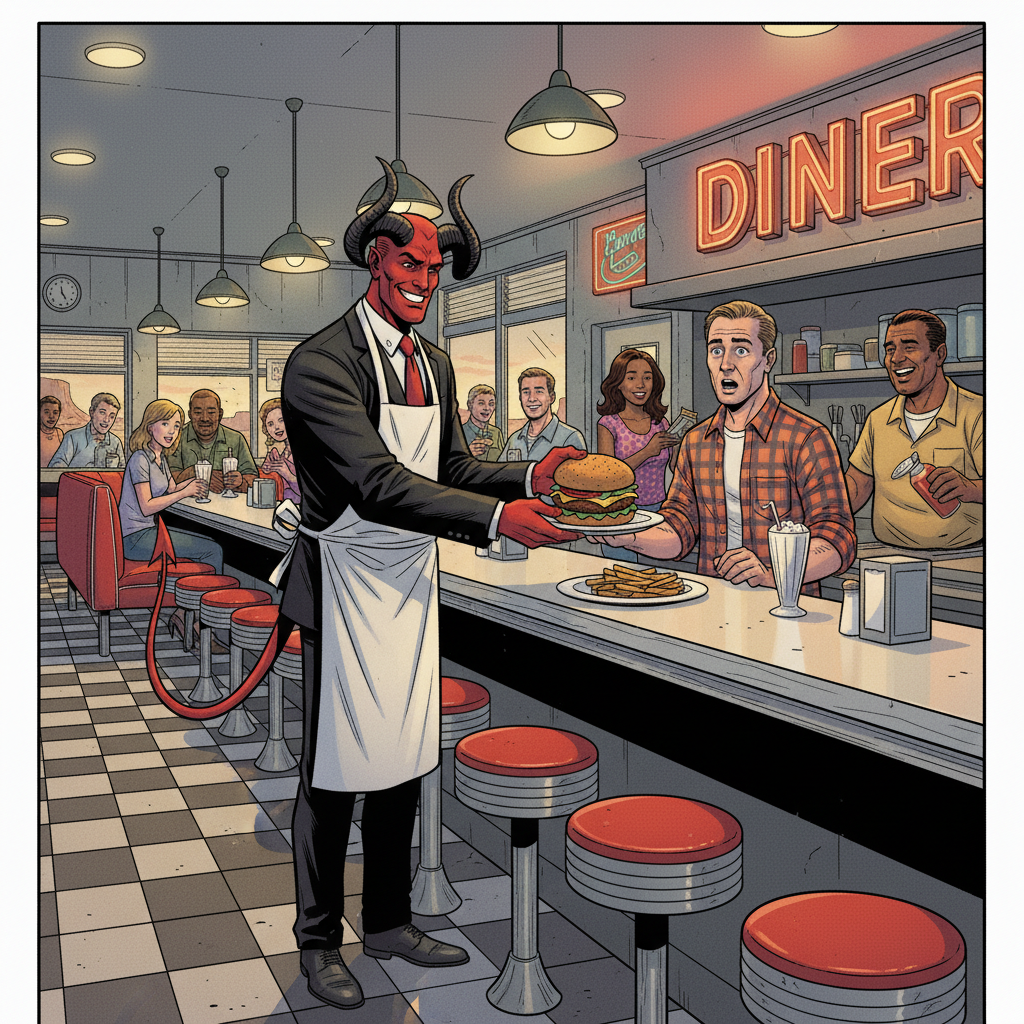 A horned Red devil in a black suit walking along route 66 spots an american retro diner along the road that is for sale.
The devil enter the office and starts negotiating about a good price. The devil shows a bag of money.
The devil succeeds in buying the diner and is now the new owner.