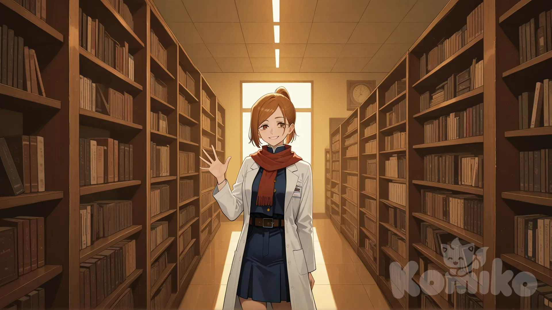 @Kugisaki_Nobara, waving, denim skirt, lab coat, little black dress, scarf, high ponytail, top light, library