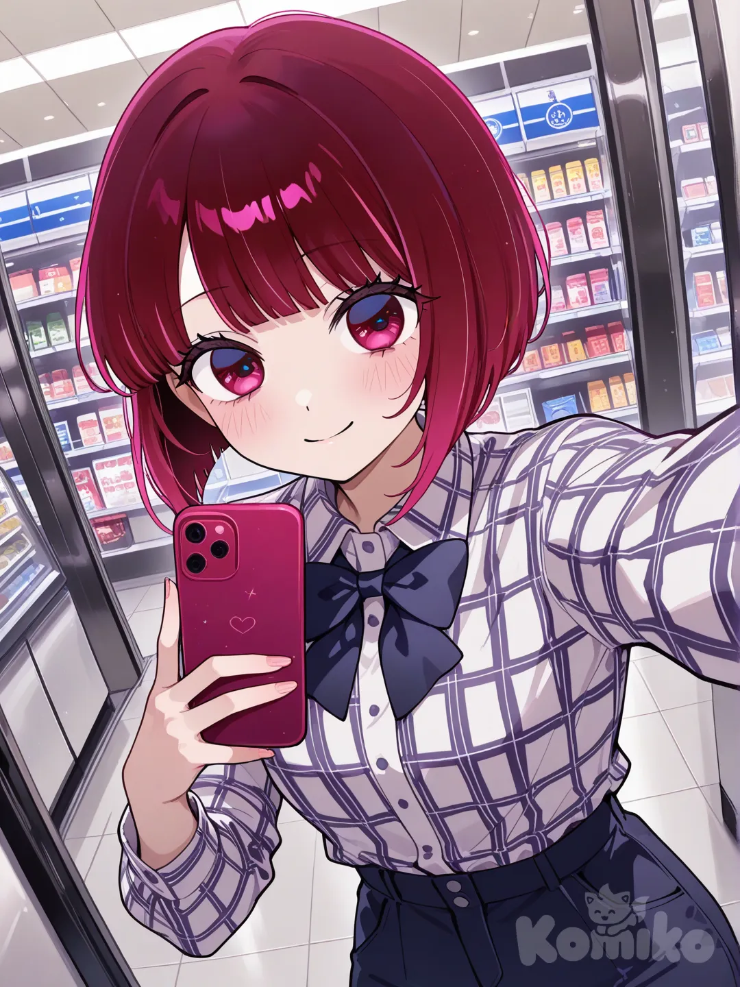 @Arima_Kana, selfie, wide-leg pants, bow tie, plaid shirt, convenience store