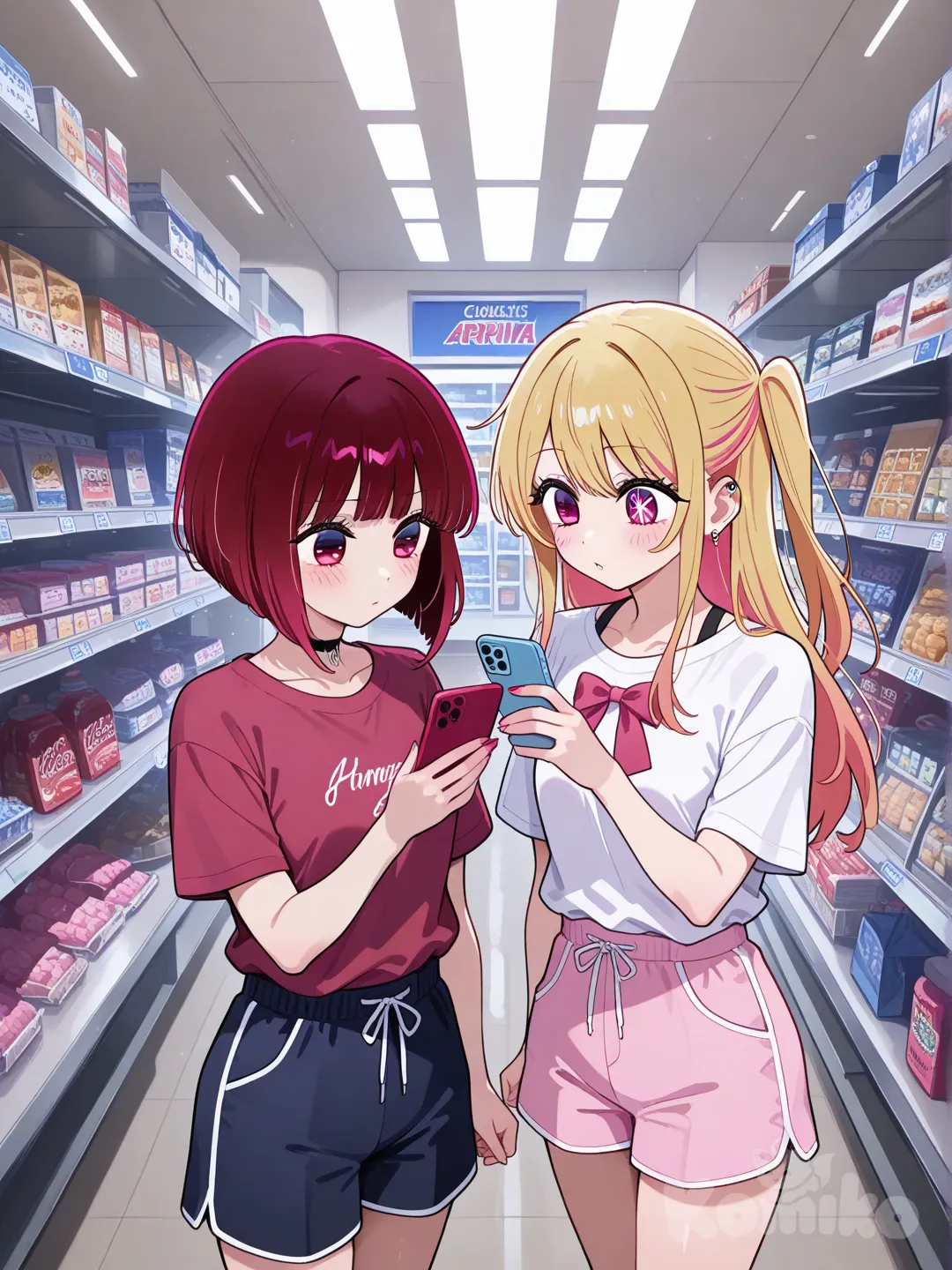 @Hoshino_Ruby, looking at phone, henley shirt, beach shorts, bow tie, convenience store, @Arima_Kana, day