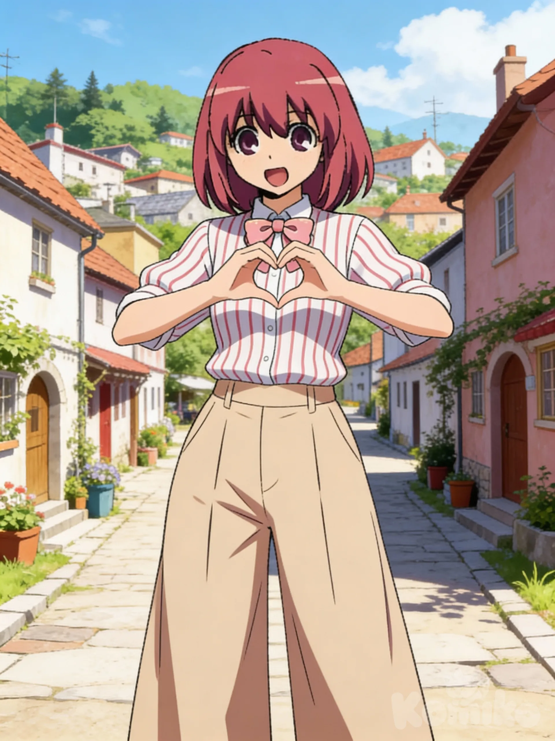 @minori-fGqK, striped shirt, wide-leg pants, village, bow tie, heart hands