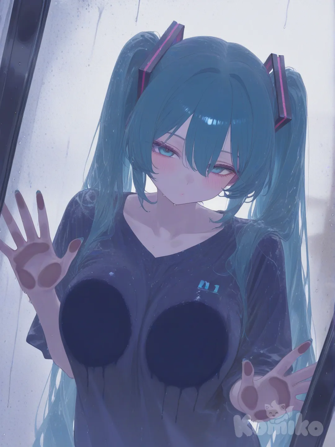 breasts on glass, large breasts, breasts out, kiss, [sensual-glossy-style], hatsune miku