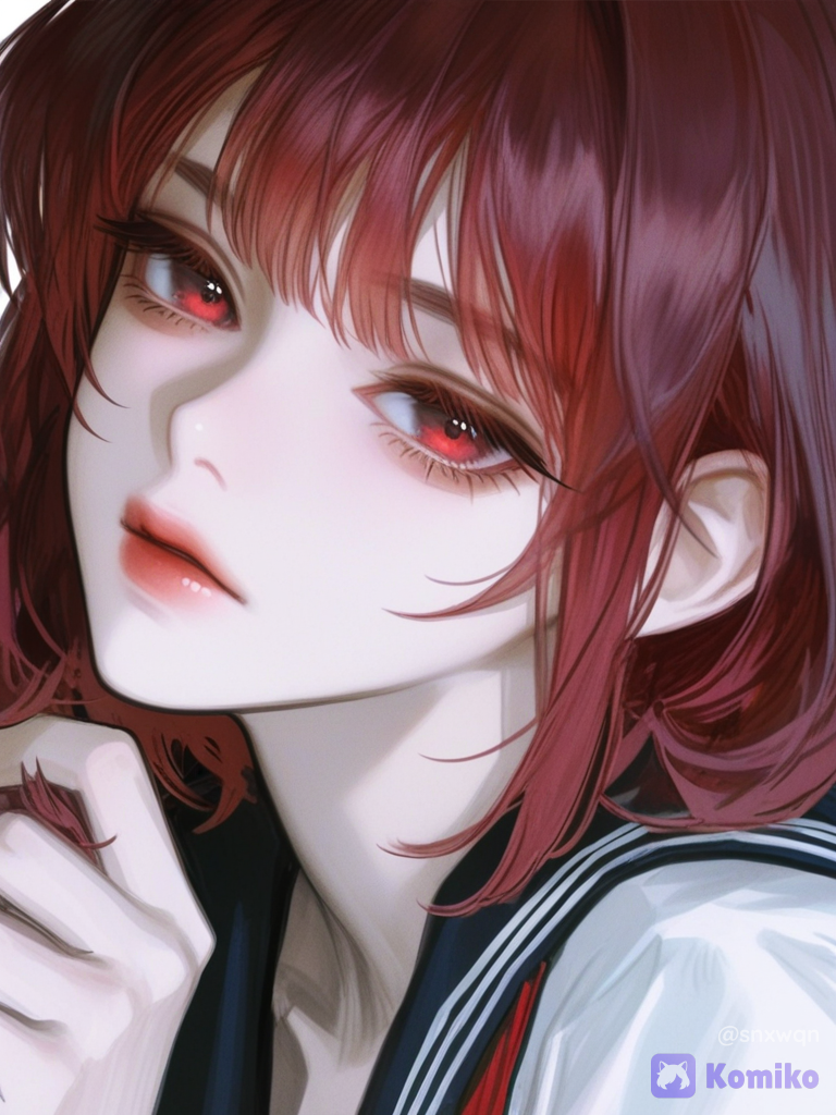 [semi-realistic-portrait-style], @kimiko-yamaoka-EGlK, expressionless, headshot, holding hair, school uniform, golden hour, subway, red hair, bob cut