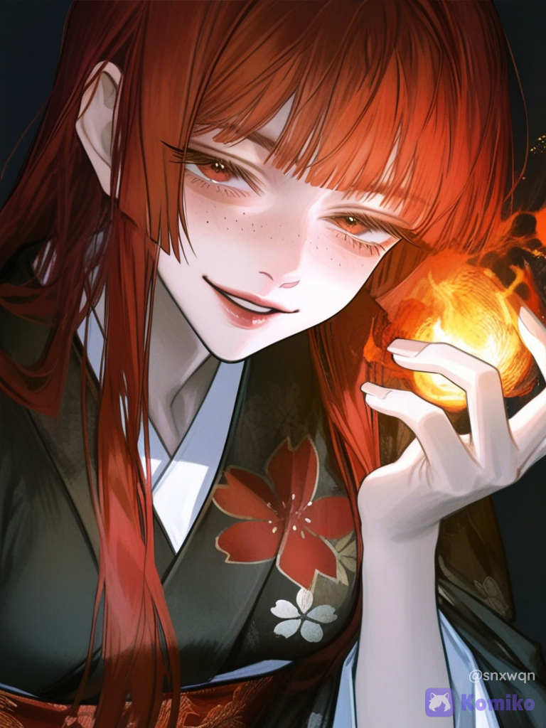 [semi-realistic-portrait-style], @kimiko-yamaoka-EGlK, holding hair, evil smile, headshot, volumetric lighting, looking at viewer, dark background like she is the flame herself
