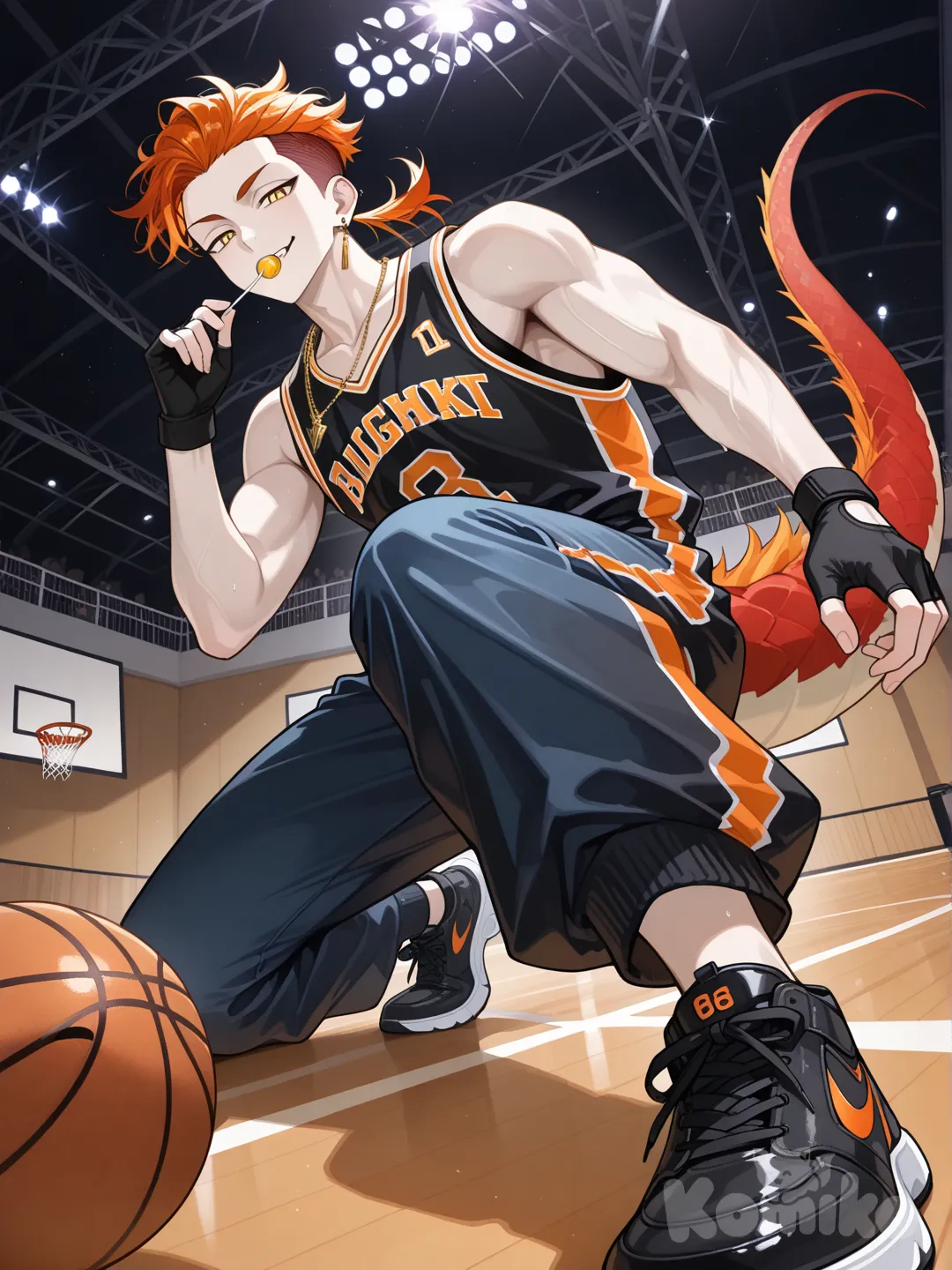 un chico alto de cuerpo atletico, pelo largo en una coleta pequeña rapado a los lados rojo con mechas naranjas, ojos amarillos claro, piel clara, un pendiente en forma de colmillo dorado, una camisa negra sin mangas de básquet con el numero 8, guantes negros que se vena los dedos, pantalones jean deportivos largos y tenis negros, cola de dragon grande en tonos rojos y naranjas, con unos collares en el cuello dorados, en una cancha de basquet haciendo un movimieto con la pelota bien genial, con una perspectiva dinamica, con una sonrisa arrogante mientras tiene una paleta en la boca