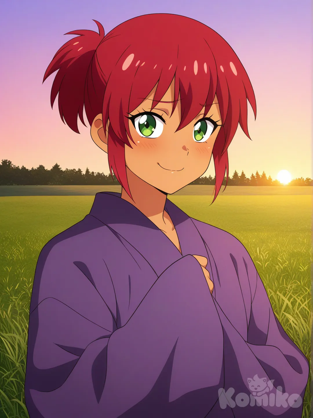 Femboy, tsundere, short ponytail, green eyes, red hair, tan skin, purple kimono, oversized sleeves, 1boy, eyelashes, comic, shy smile, cutesy expression, accurate lineart, no intense blurring, closeup, upper body, portrait, ambient light, twilight, grassland, blue sky, [pop-anime-style]