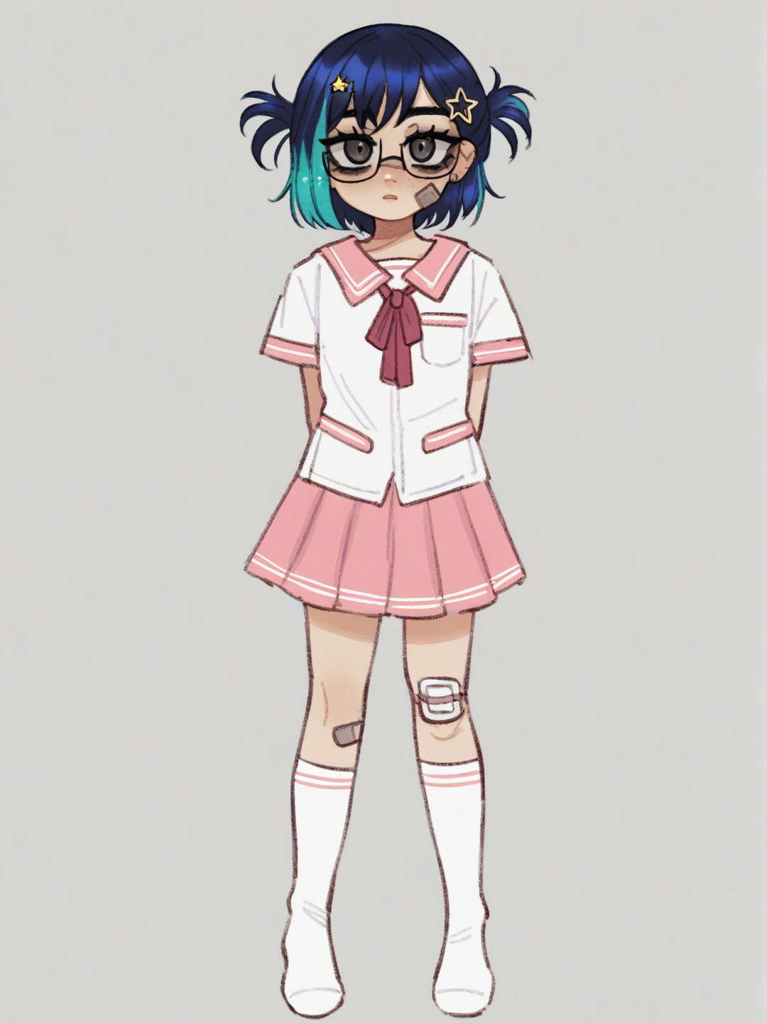 [soft-shaded-moe-style] 1girl, idol, child, petite, short, short_hair, blue_hair, white_streaks, black_eyes, glasses, star_hair_ornament, bandage_on_face, pink_school_uniform, white_shirt, white_socks, hairpin, single character, full body, looking at viewer, anime style, simple background, white background