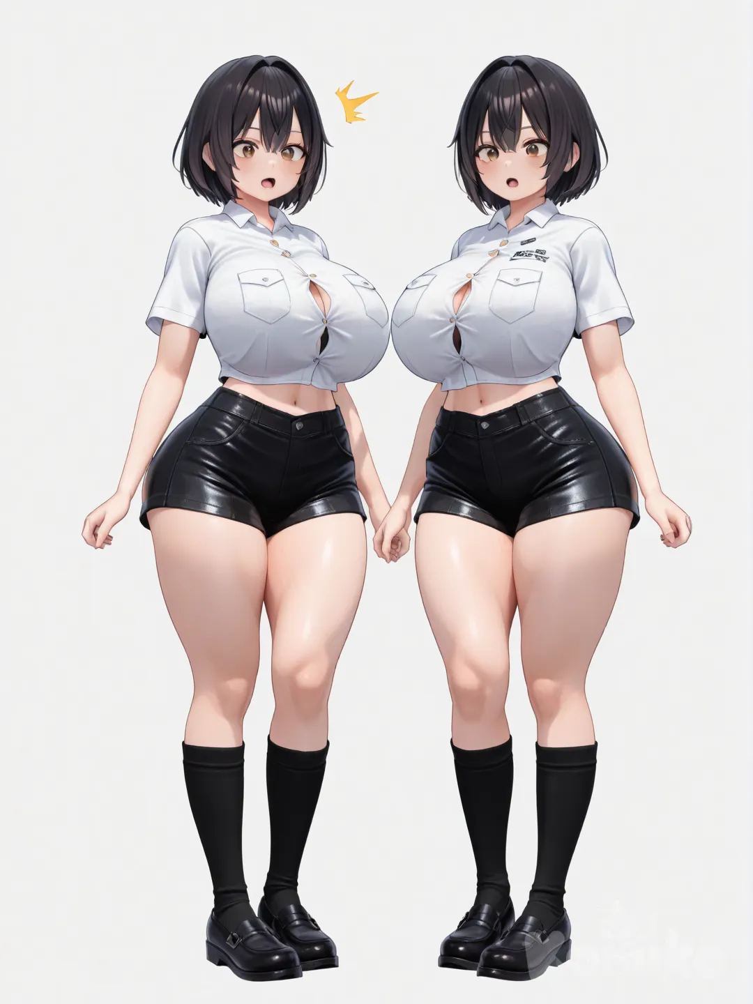 short hair, black hair, brown eyes, same height, breasts are large natural e-cup size, shirt is very short exposing waist, shirt has two breast-pockets, shirt is too small and is severely stretched by breasts to where cleavage is visible between buttons, butt is same size, thighs are same size, same figure, black flat shoes, black shorts, black socks, short hair, white background, brown eyes, surprised expression with mouth open, looking at her breasts, standing upright, Girl2, [3d-anime-style]