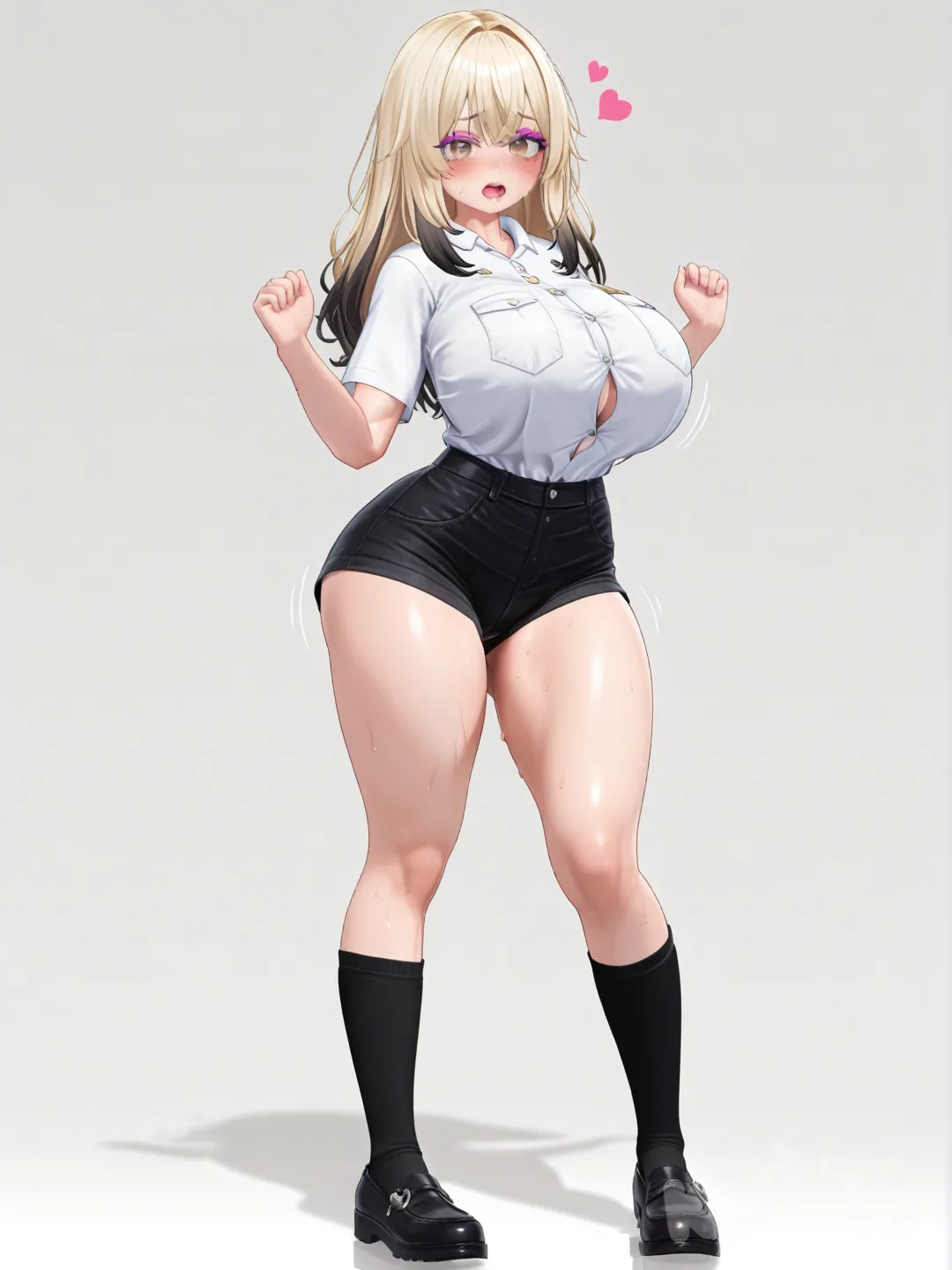 front view, [3d-anime-style], @basegirl-ulHj mid-transformation into @bimbo1-nVLY, uneasy expression