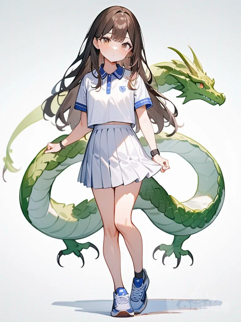 1girl, brown hair, long hair, brown eyes, fair skin, freckles, athletic, tall, teenager, white polo shirt, blue black and white pleated skirt, loves dragons, watercolor, single character, full body, looking at viewer, simple background, white background