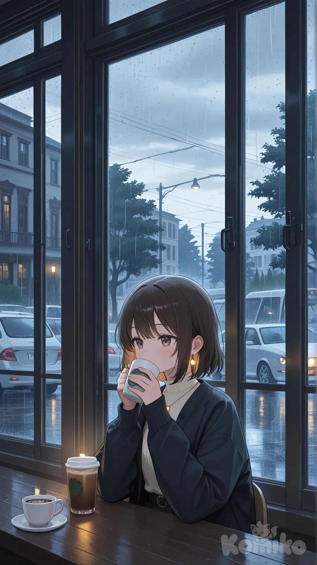 A cozy street-side café on a rainy day, viewed from outside through large glass windows. Warm pendant lights hang above a long wooden counter inside, casting a soft golden glow. A single kawaii girl sits by the window, quietly enjoying a cup of coffee, their figure relaxed and calm. Reflections of the street, cars, and trees blend subtly with the interior lighting, creating a moody, atmospheric scene. The café interior feels warm and inviting while the outside appears cool and overcast. Capture soft reflections, natural lighting, a peaceful urban street, and a cinematic, cozy ambiance