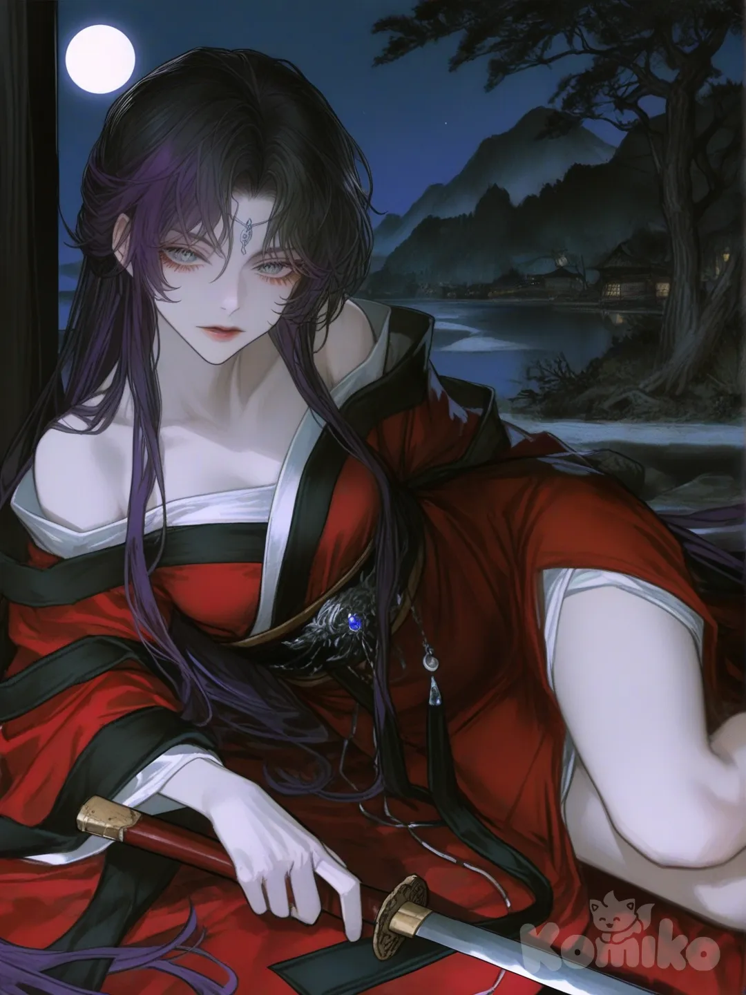 [semi-realistic-portrait-style] 1girl, demon_lord, reclining, tree_branch, pale_skin, long_hair, black_hair, purple_hair, silver_eyes, expressionless, intimidating, hanfu, black_clothes, purple_clothes, crimson_clothes, light_armor, regal, deadly, glaive, crescent_blade, holding_fan, war_fan, demonic_designs, night, mist, misty_mountains, valley, glowing_lights, distant_mountains, full_moon, xianxia, majestic, dangerous, single_character, full_body, looking_at_viewer, anime_style, simple_background, white_background