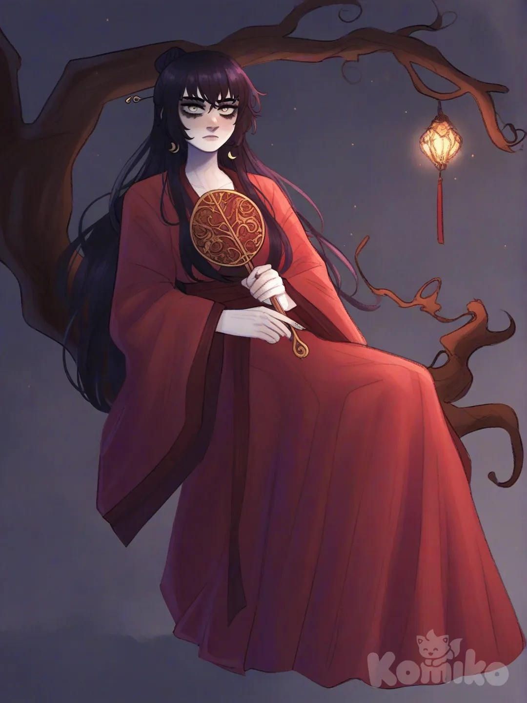[soft-shaded-moe-style] 1girl, demon_lord, reclining, tree_branch, pale_skin, long_hair, black_hair, purple_hair, silver_eyes, expressionless, intimidating, hanfu, black_clothes, purple_clothes, crimson_clothes, light_armor, regal, deadly, glaive, crescent_blade, holding_fan, war_fan, demonic_designs, night, mist, misty_mountains, valley, glowing_lights, distant_mountains, full_moon, xianxia, majestic, dangerous, single_character, full_body, looking_at_viewer, anime_style, simple_background, white_background