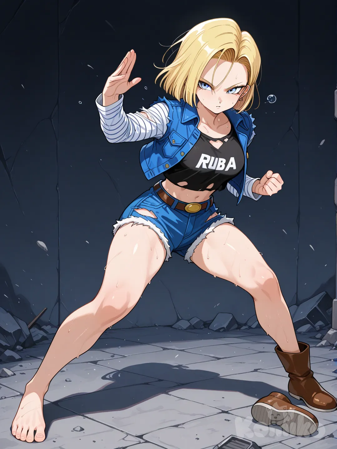 @Android_18, battle worn clothes, shirt torn,Shorts torn, missing a shoe, showing toes, full body, standing in a fighting position