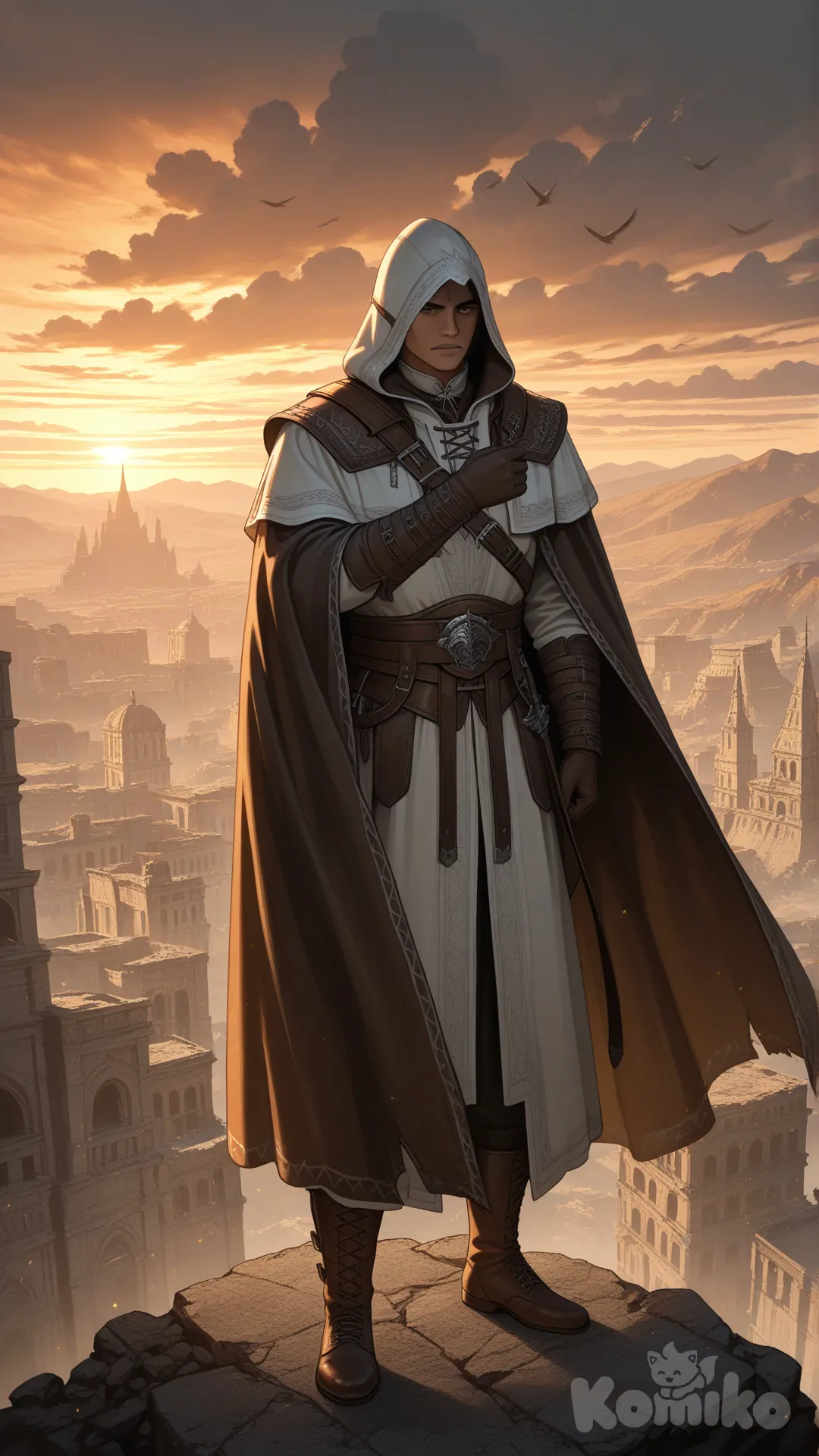 A hooded assassin, standing on a high stone overlook at dawn, overlooking an unfamiliar civilization not tied to any known era. The assassin wears layered robes blending leather, cloth, and subtle metal accents, designed for agility and stealth rather than a known historical style. Wind pulls at a long cloak, revealing hidden blades and utility straps. Soft golden light breaks through clouds, casting dramatic shadows. A lone bird circles in the distance. Cinematic composition, realistic lighting, moody atmosphere, high detail, epic scale, original fantasy-historical aesthetic.