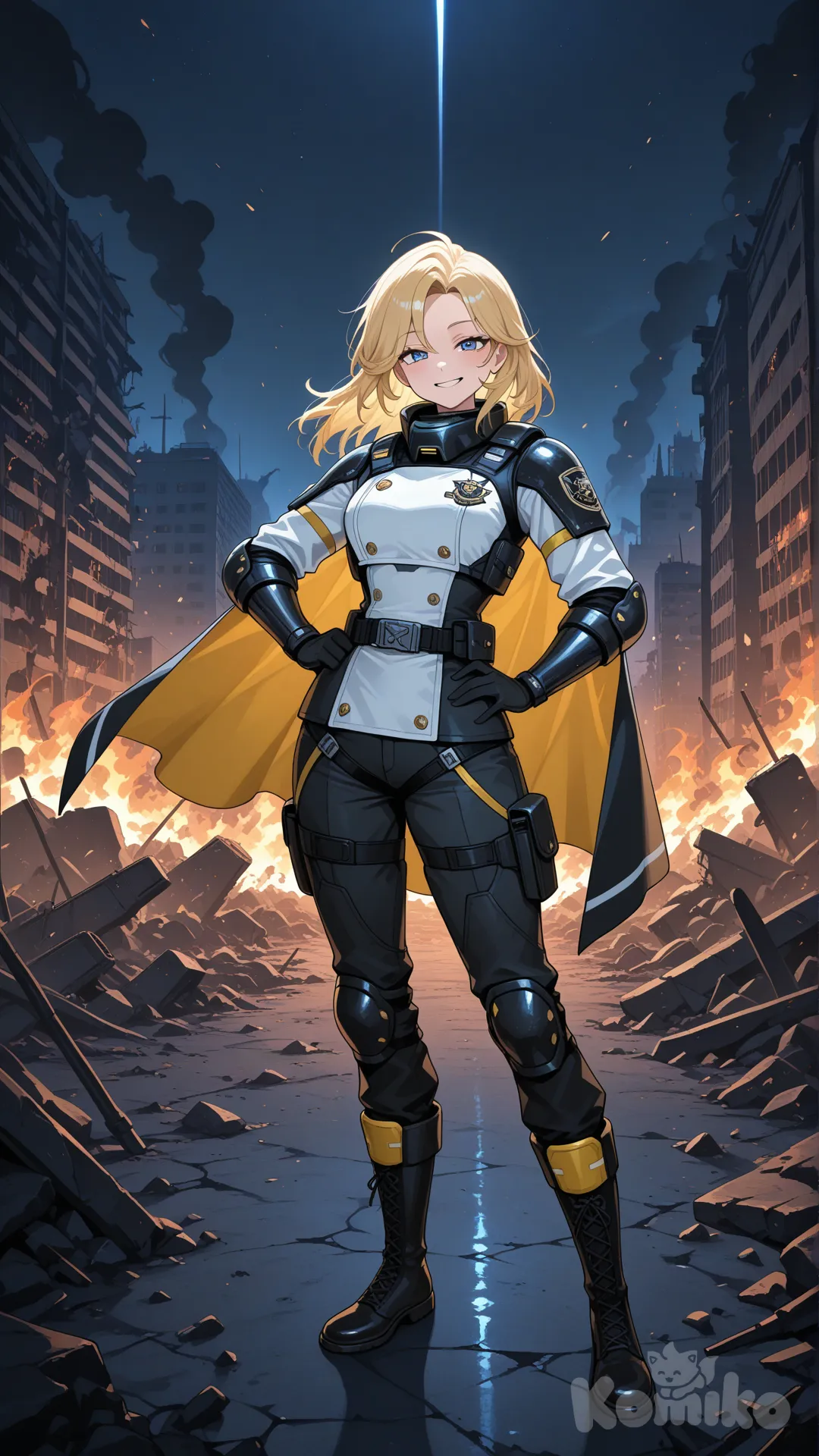 Helldivers 2 seaf blonde blue eyes girl full body, teasing pose, military uniform, in a ruined city scarred by a alien attack