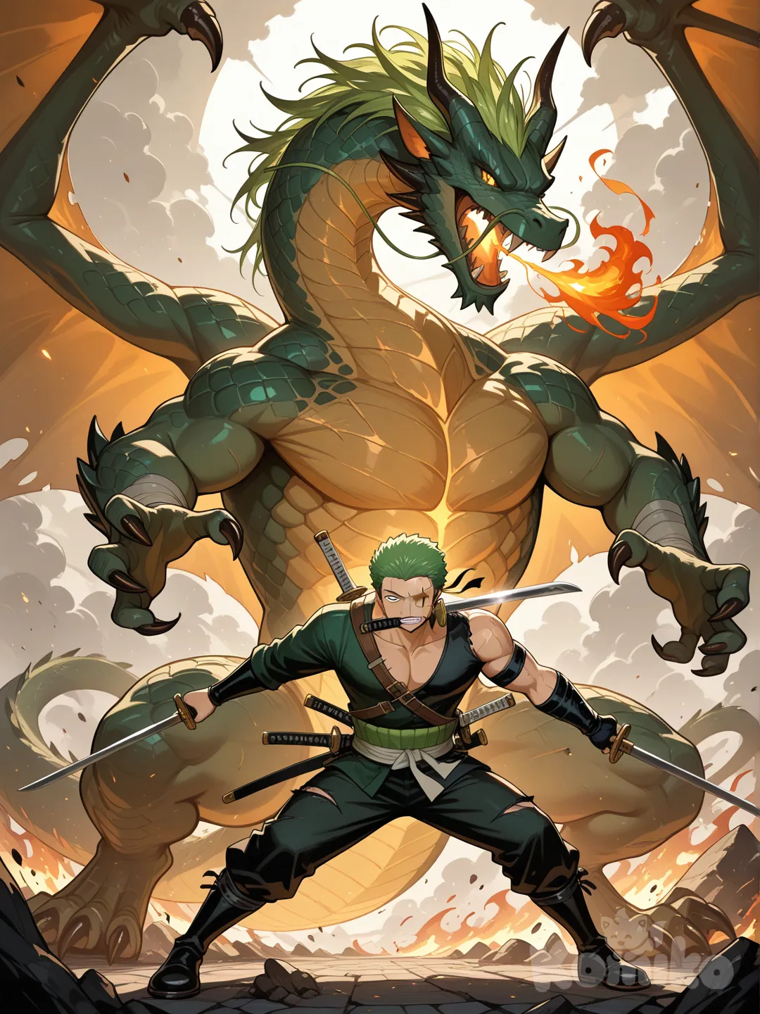 Faça o zoro um lendaria espadachim que luta com três espadachim lutando contra um dragão