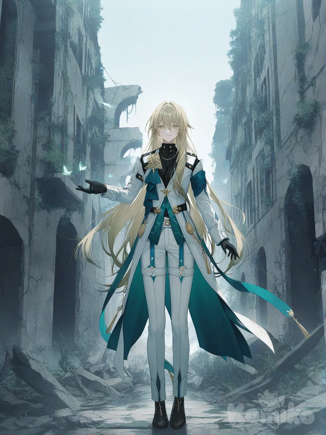 Luocha (Honkai:Star Rail), [soft-pastel-style], smile, calm look, melancholic, full body, backlight, ruins