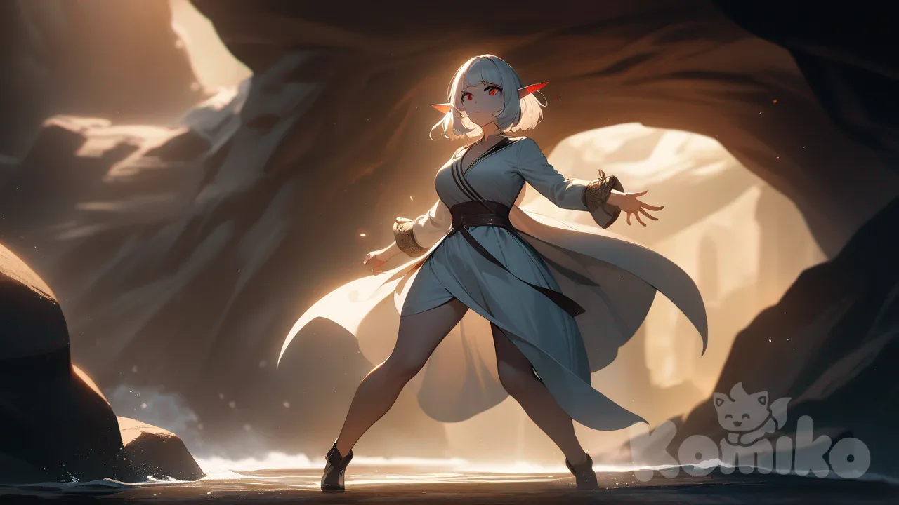 1girl, retro style, half spider, long white hair, red eyes, red eyeshadow, three dots under each eye, mature, elf ears, full body, cinematic lighting, cave, ocean