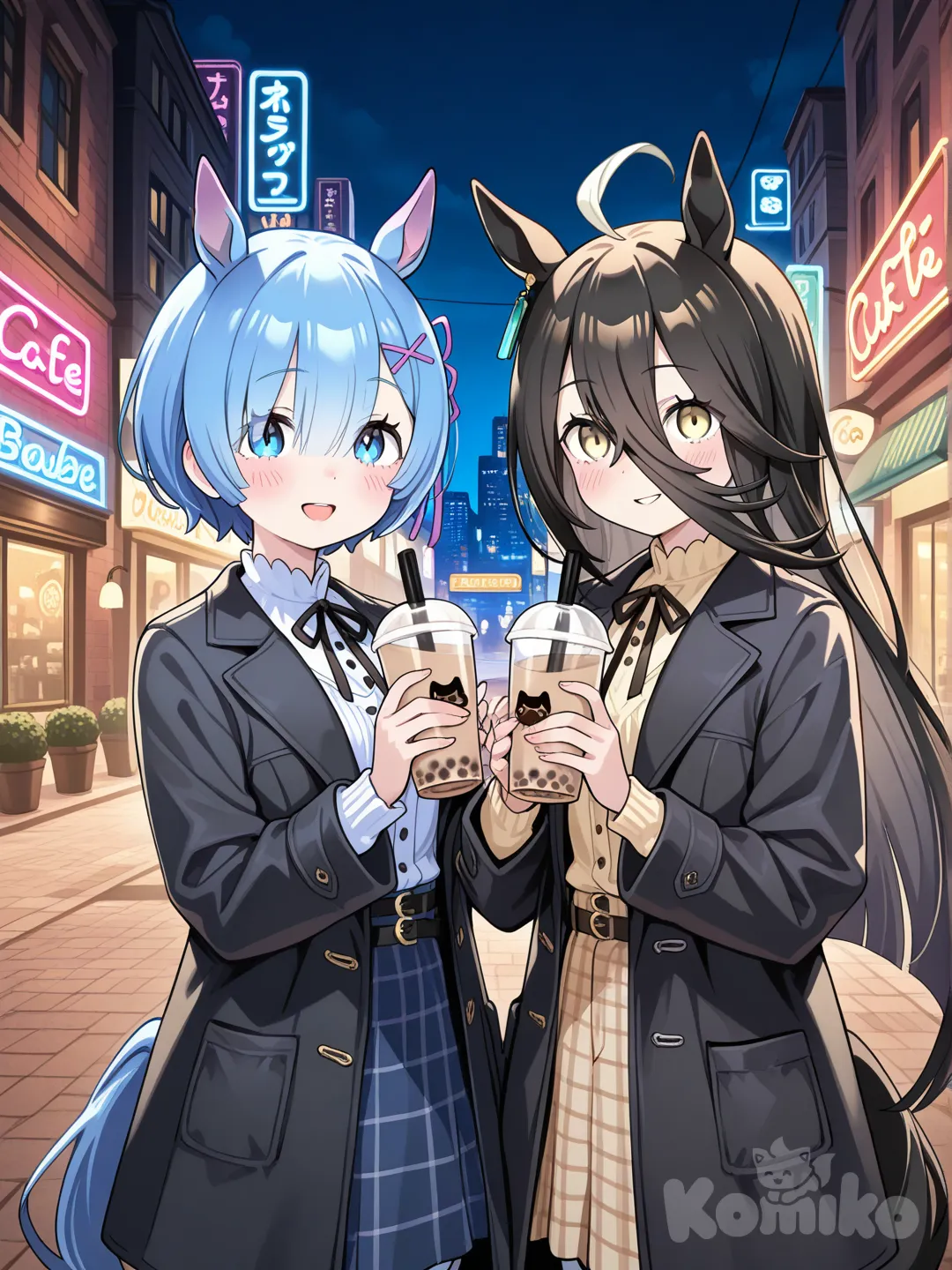 rem (re:zero), bubble tea, night, manhattan cafe (umamusume)