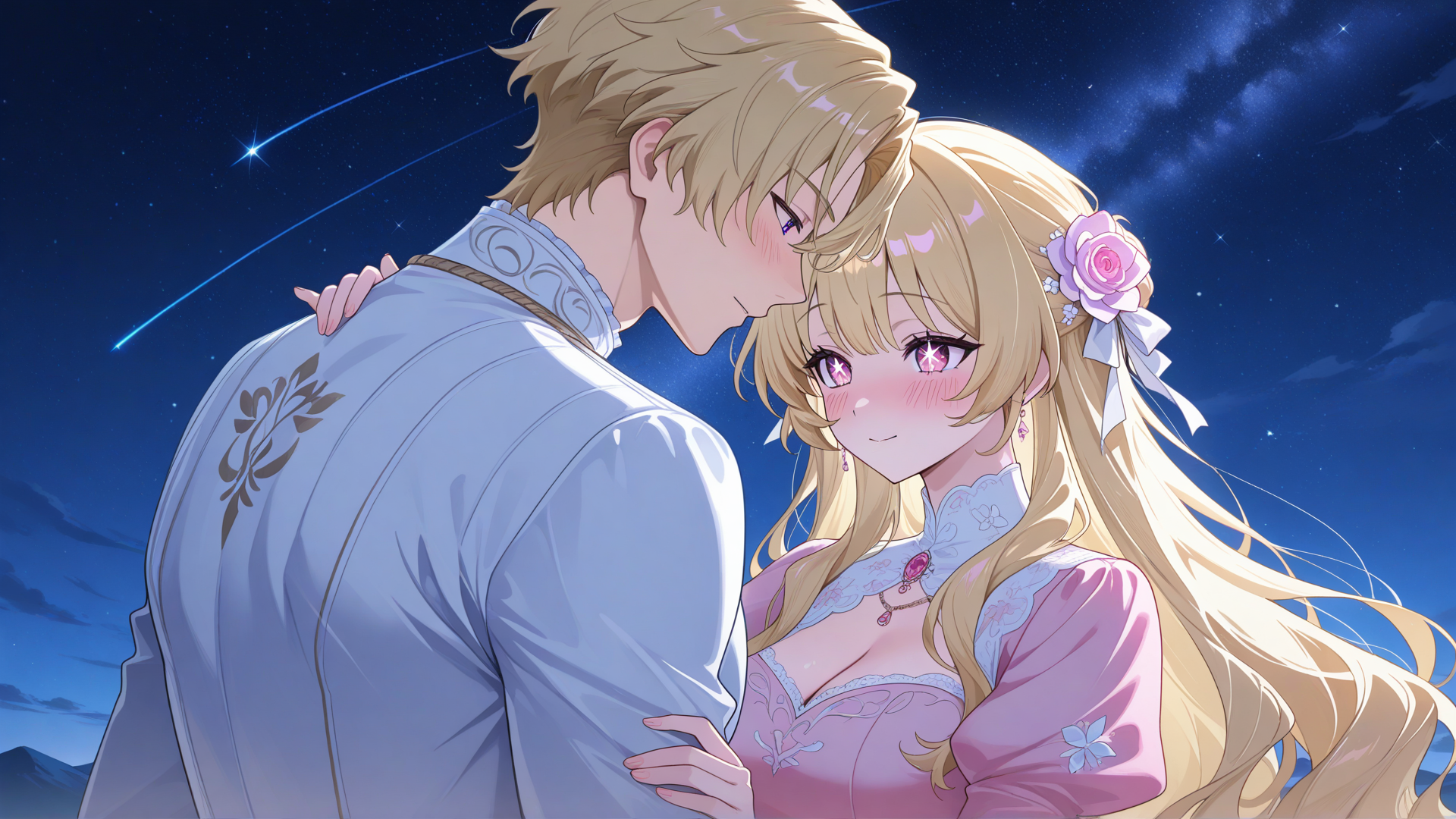 2 people, 1 short woman, 1 very tall man, upper body, wide shot, clear faces, looking at each other, hugging, falling in love, romantic, ethereal, night sky, royalty, tall prince, short princess, flower garden, 1 handsome man, face must be in the shot, adult, manly, pectorals, good-looking man, clean face, three-piece suit, light-fair skin, tall man, athletic, blonde hair, short hair, left-side parted hair, purple eyes, <kiseki-masshiroi-yYO2>, 1 woman, adult, short woman, big chest, long hair, very light-blonde hair, pink eyes, fair skin, big pink gown dress, <tzuromi-kurosaki-YcfA>, anime screencap, anime coloring