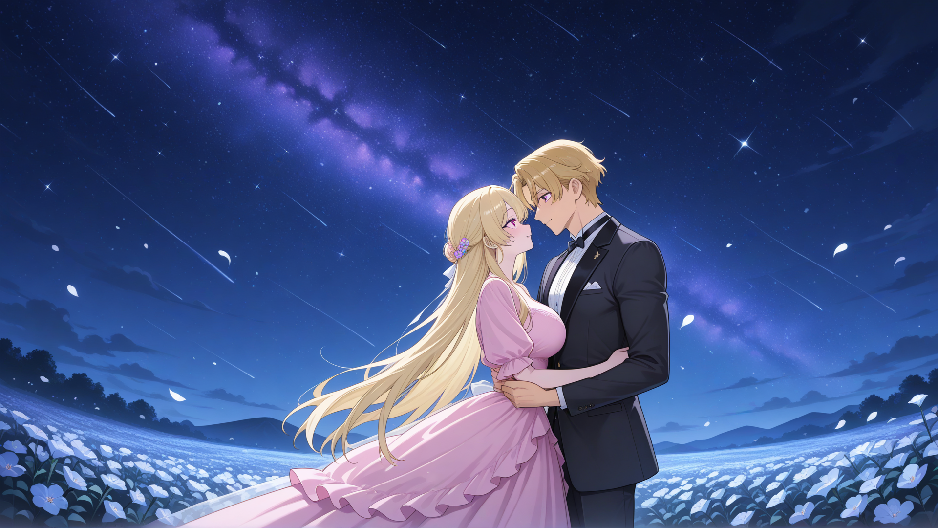 2 people, 1 short woman, 1 very tall man, wide shot, clear faces, looking at each other, hugging, woman falling into man's arms, romantic, ethereal, night sky, royalty, tall prince, short princess, flower garden, 1 handsome man, face must be in the shot, adult, manly, pectorals, good-looking man, clean face, three-piece suit, light-fair skin, tall man, athletic, blonde hair, short hair, left-side parted hair, purple eyes, <kiseki-masshiroi-yYO2>, 1 woman, adult, short woman, big chest, long hair, very light-blonde hair, pink eyes, fair skin, big pink gown dress, <tzuromi-kurosaki-YcfA>, anime screencap, anime coloring