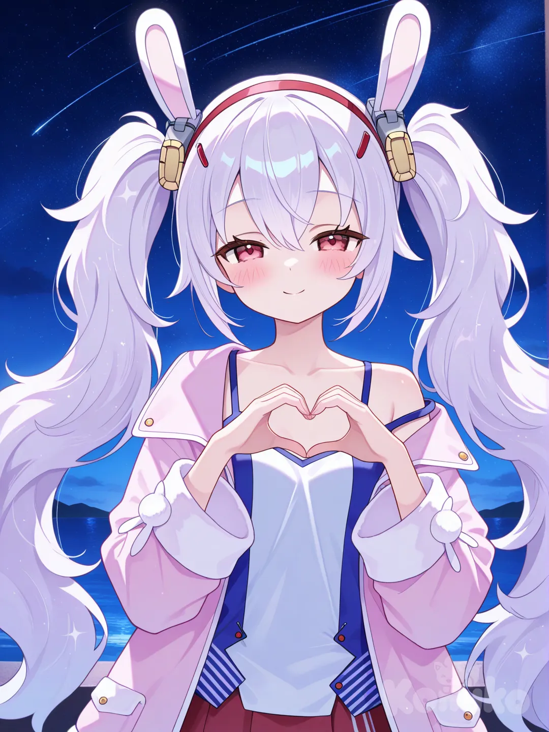 @Laffey_(Azur_Lane), heart hands, blush, looking at viewer, night, starry sky