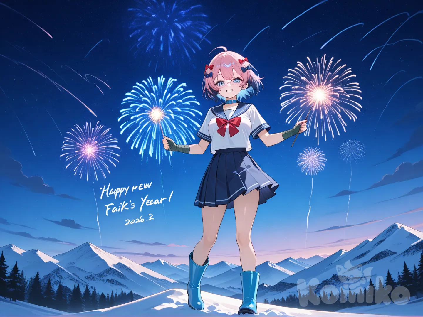 @andrea-tQDP en una celebración de año nuevo sobre una montaña con un gran valle al fondo, con un cielo nocturno y fuegos artificiales con un "2026" gigante en el cielo