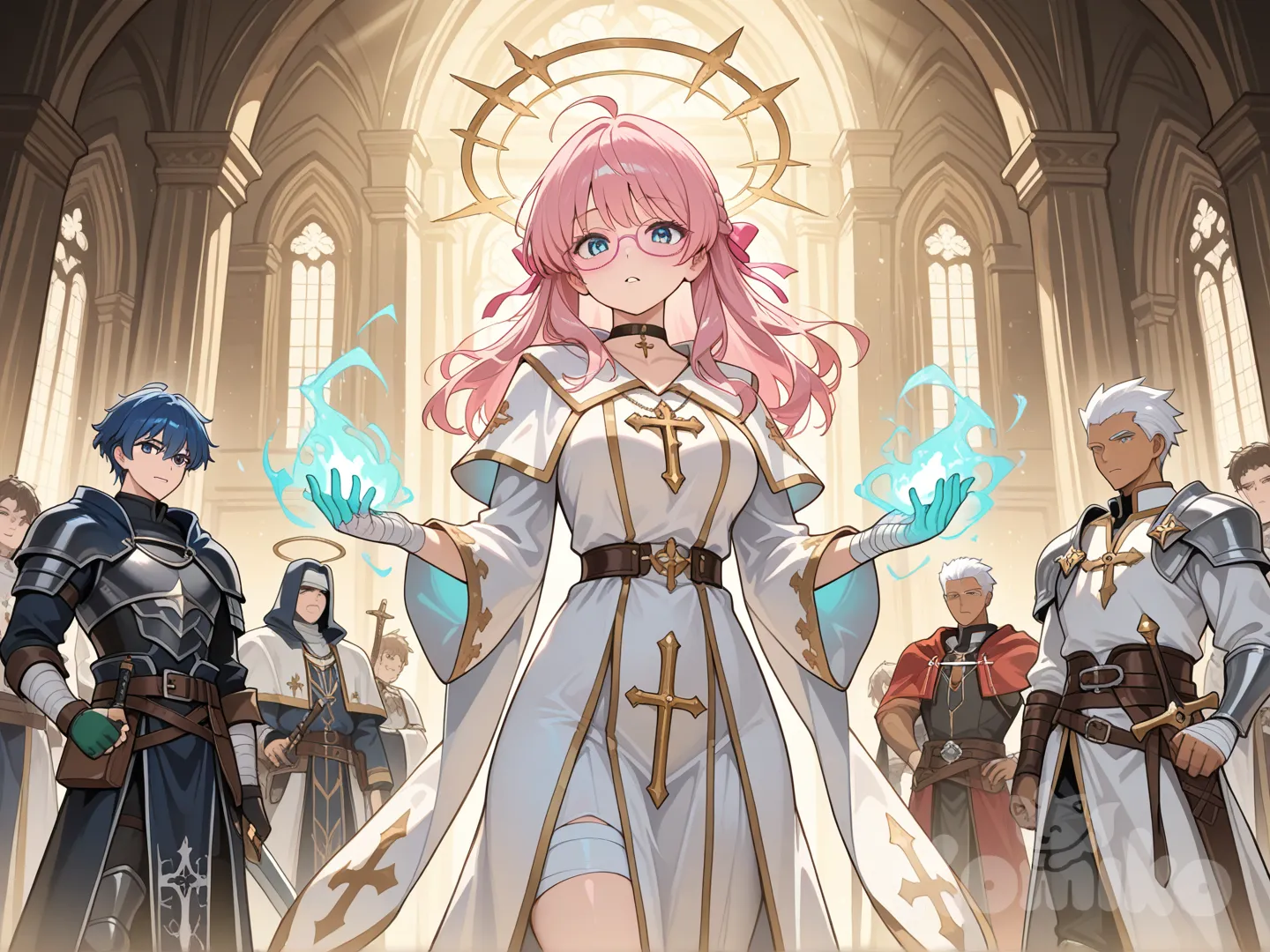 @andrea-tQDP hazla vestida con traje de clerigo medieval.
Curando un grupo de aventureros con magia celestial.
Cabello azul.