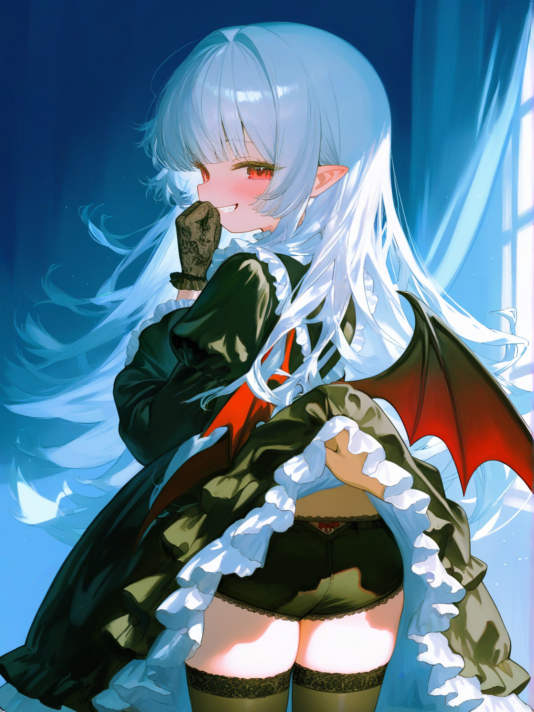 [moody-glow-style], loli, vampire, facing away, bat wings, gothic lolita, black thighhighs, black pants, lace-trimmed panties, lifting another's clothes, covering own mouth, pov character lifting her skirt, looking back, red eyes, white hair, lace gloves, evil grin, Victorian house