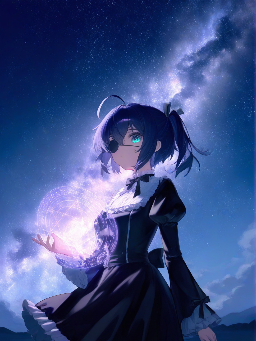 [moody-glow-style], takanashi rikka, gothic lolita, eyepatch, magic circle, night sky