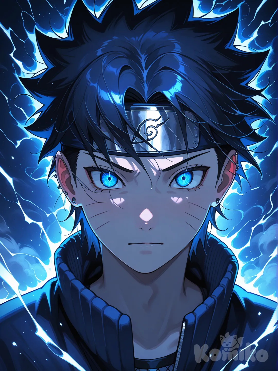 A dramatic portrait of Sasuke Uchiha from Naruto Shippuden, dark blue tones, intense eyes, lightning aura from Chidori, wind-blown hair. High-detail shading, gritty anime style, soft rim light, subtle particles in the air. Clean vertical framing, 4:5 aesthetic Instagram poster, ultra-.
