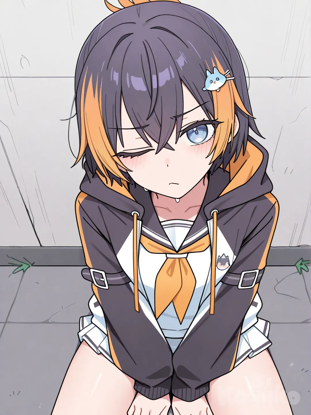 Petra_Gurin, [toon-shaded-style]
, head tilt, blush, one eye closed, from above, looking at viewer, sitting on the ground, pointing at viewer, frown