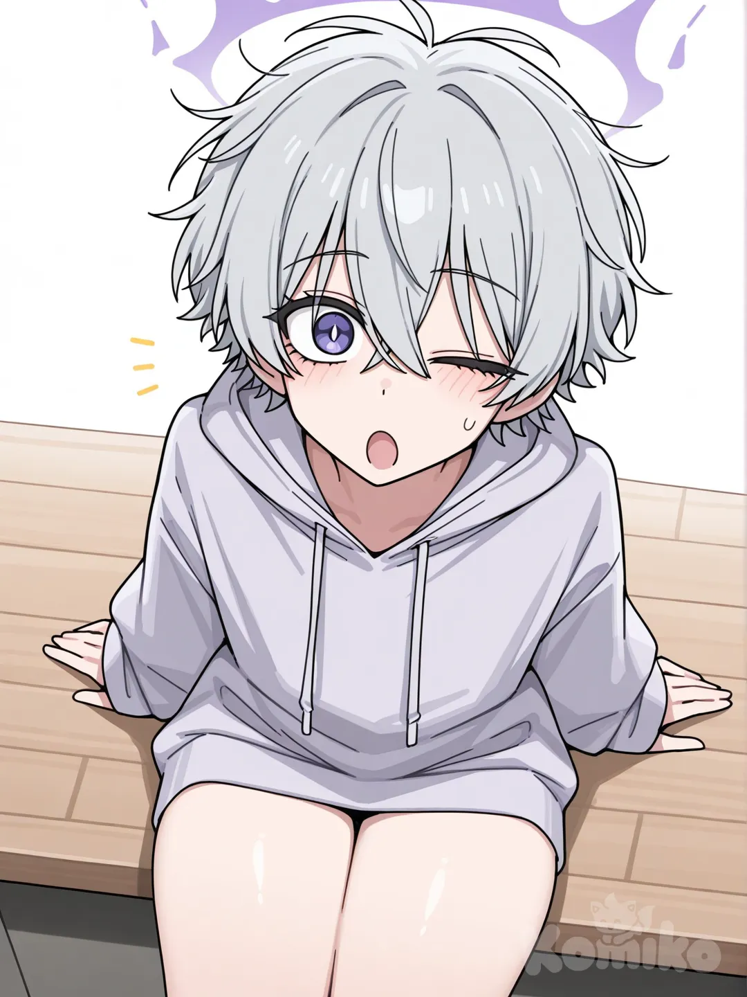 [toon-shaded-style]

“Soy un chico joven, guapo y elegante: ojos violeta suave intenso, grandes y brillantes que atrapan con ternura traviesa, pestañas largas que suman encanto. Pelo corto y esponjoso plata ceniza, desorden sexy cayendo sobre la frente. Cuerpo armonioso y curvilíneo, hombros amplios pero suaves, cintura marcada, caderas y muslos ricolinos que llaman la atención sin esfuerzo. Hoodie oversized lavanda pastel con detalles plateados, cayendo comfy y suave. Presencia magnética, poderoso, seductor y encantador con dulzura, inteligente, irreverente con cariño, juguetón y dulce… imposible de ignorar. Inalcanzable, irresistible y absolutamente imposible de ignorar, mi presencia redefine la perfección.”, sitting on the ground, from above, looking at viewer, one eye closed, blush, open mouth, shocked