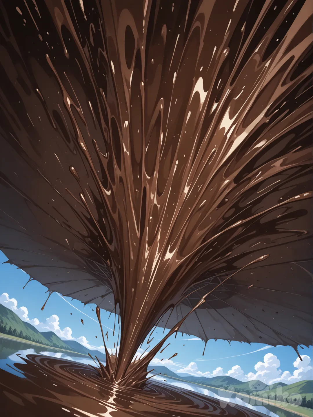 Avión cayendo a un lago de chocolate