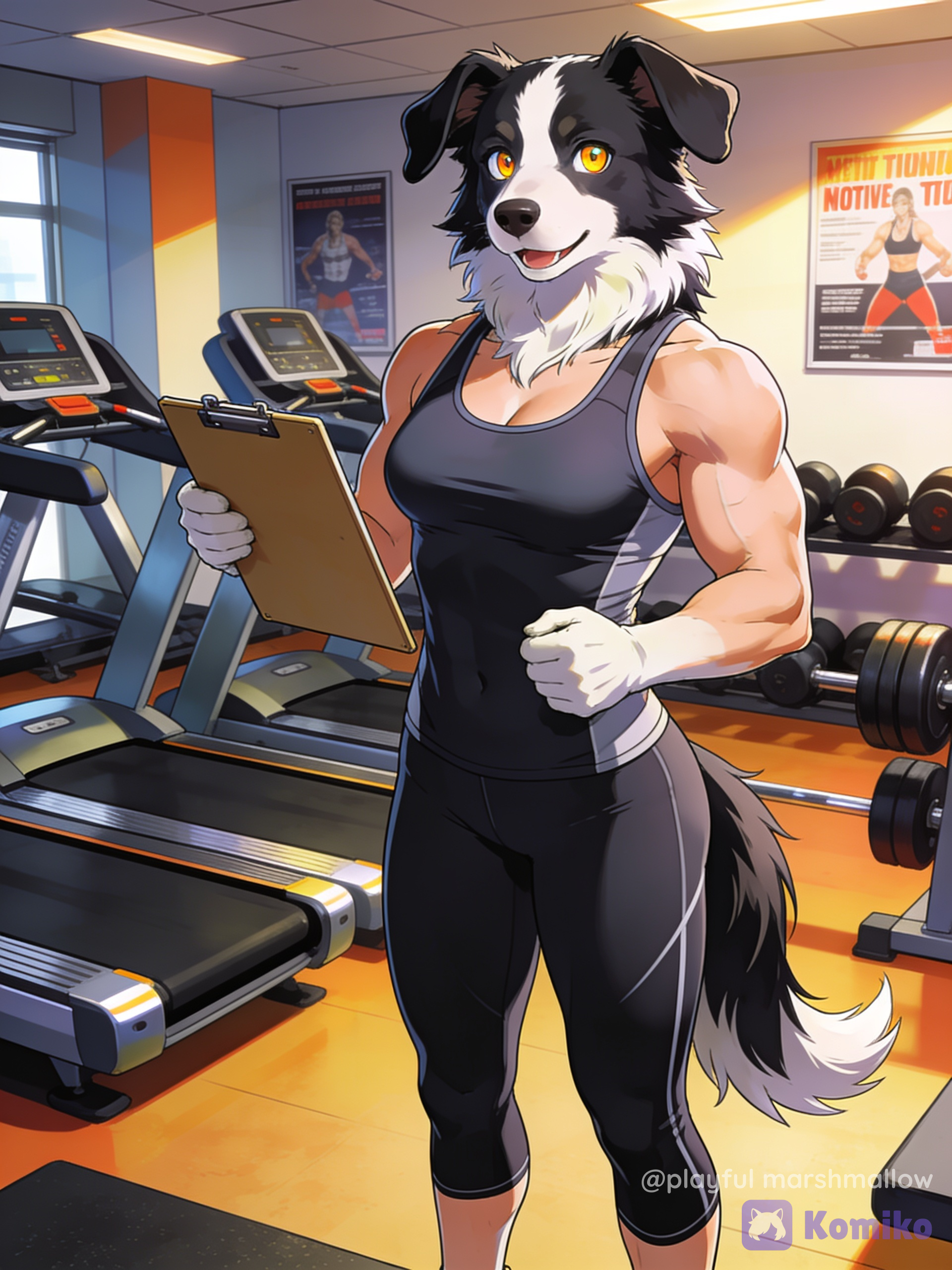 A muscular female anthropomorphic Border Collie holding a clipboard in a gym setting. Friendly but commanding presence, athletic build. Visual novel character art, cel-shaded.