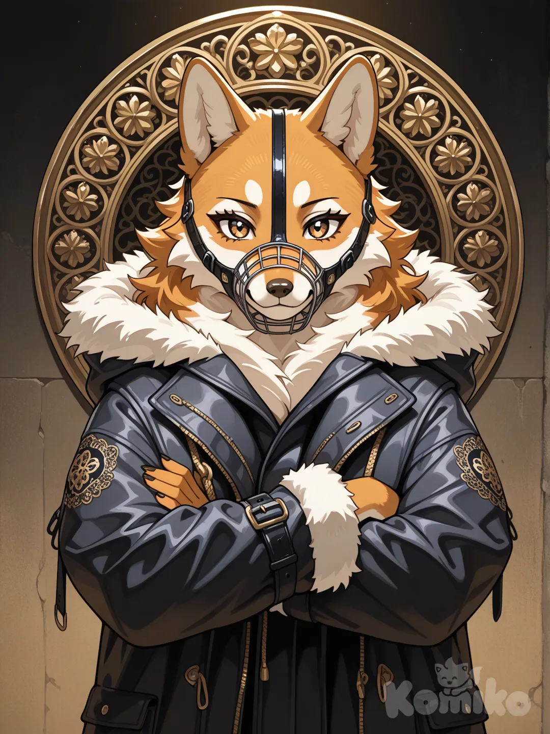 1girl, furry, anthropomorphic c/imagine prompt:A digital painting of an anthropomorphic wolf wearing a metal cage-style muzzle with leather straps, and a heavy hooded winter coat with fur lining. Arms crossed, standing confidently in front of an ornate heraldic golden frame with floral filigree. The muzzle is with steel bars and black leather. Warm light casts shadows from the muzzle across his fur. Created Using: digital fine art brushes, parchment texture overlay, fantasy clothing design, high realism muzzle detailing, chiaroscuro lighting, glibatree prompt, textured background, vintage illustration style, symmetrical composition, gold-and-brown color palette --ar 2:3
haracter, cute, smiling, colorful fur, vibrant eyes, playful pose, ultra-