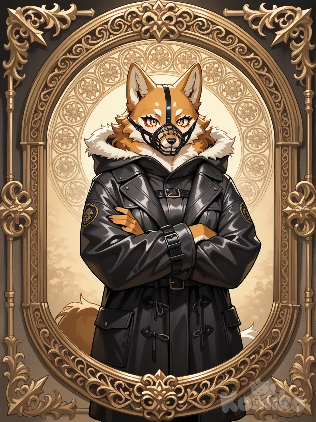 1girl, furry, anthropomorphic c/imagine prompt:A digital painting of an anthropomorphic wolf wearing a metal cage-style muzzle with leather straps, and a heavy hooded winter coat with fur lining. Arms crossed, standing confidently in front of an ornate heraldic golden frame with floral filigree. The muzzle is with steel bars and black leather. Warm light casts shadows from the muzzle across his fur. Created Using: digital fine art brushes, parchment texture overlay, fantasy clothing design, high realism muzzle detailing, chiaroscuro lighting, glibatree prompt, textured background, vintage illustration style, symmetrical composition, gold-and-brown color palette --ar 2:3
haracter, cute, smiling, colorful fur, vibrant eyes, playful pose, ultra-