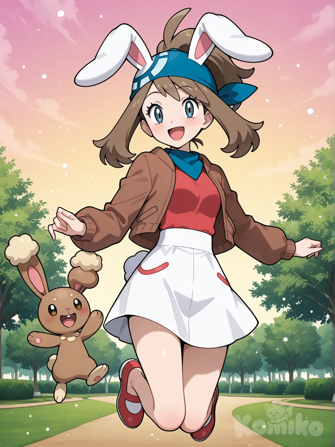 May from Pokémon, wearing a cute Buneary-themed outfit, wholesome and cheerful. High-quality anime style faithful to Pokémon Ruby and Sapphire / Advanced Generation. The costume is inspired by Buneary: soft brown and cream colors, fluffy bunny hood with long ears, cozy fabric, cute and playful design. May is smiling brightly while Buneary jumps happily beside her. Clean lineart, vibrant colors, soft lighting, shading, studio anime illustration, official Pokémon anime aesthetic, cute, innocent, no

sexualization., [glossy-anime-style]