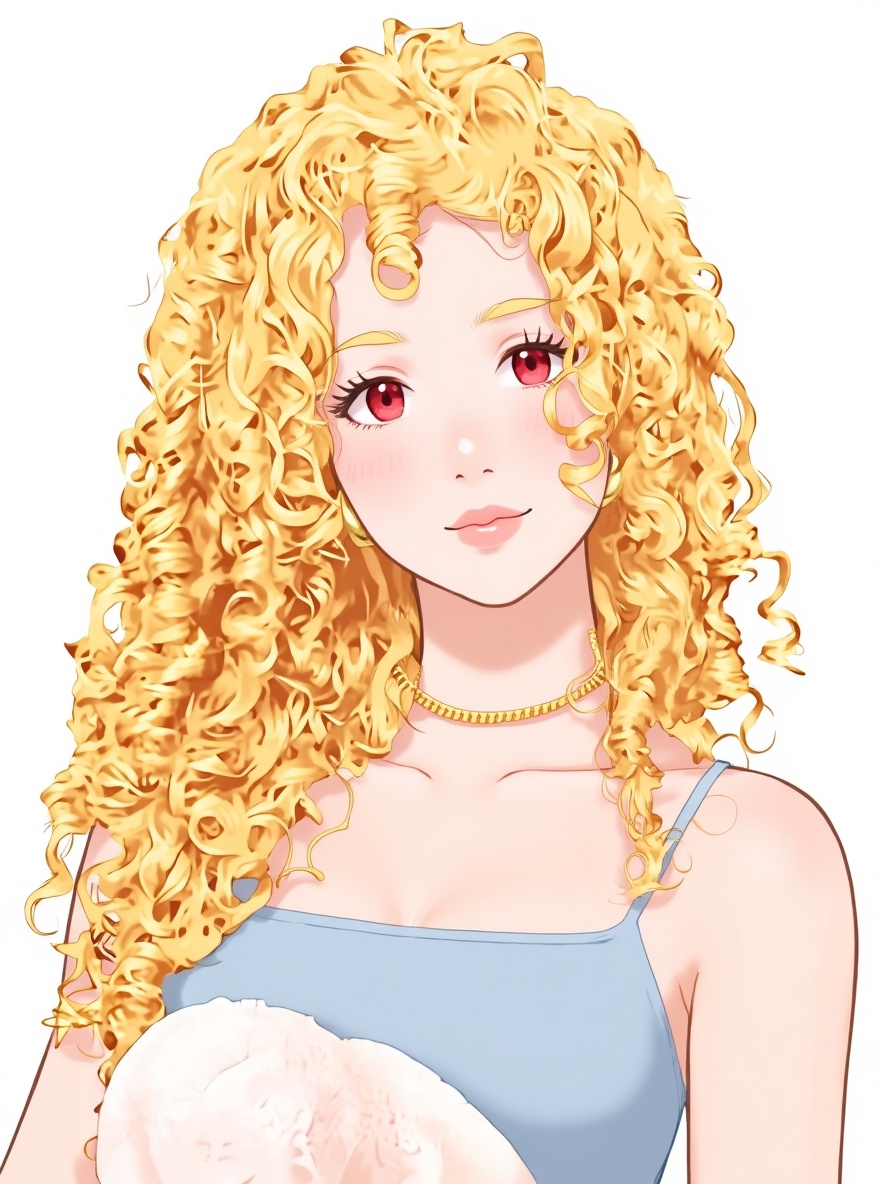 1girl, blonde hair, curly hair, red eyes, seductive gaze, beautiful, angelic, teenager, single character, full body, looking at viewer, anime style, simple background, white background