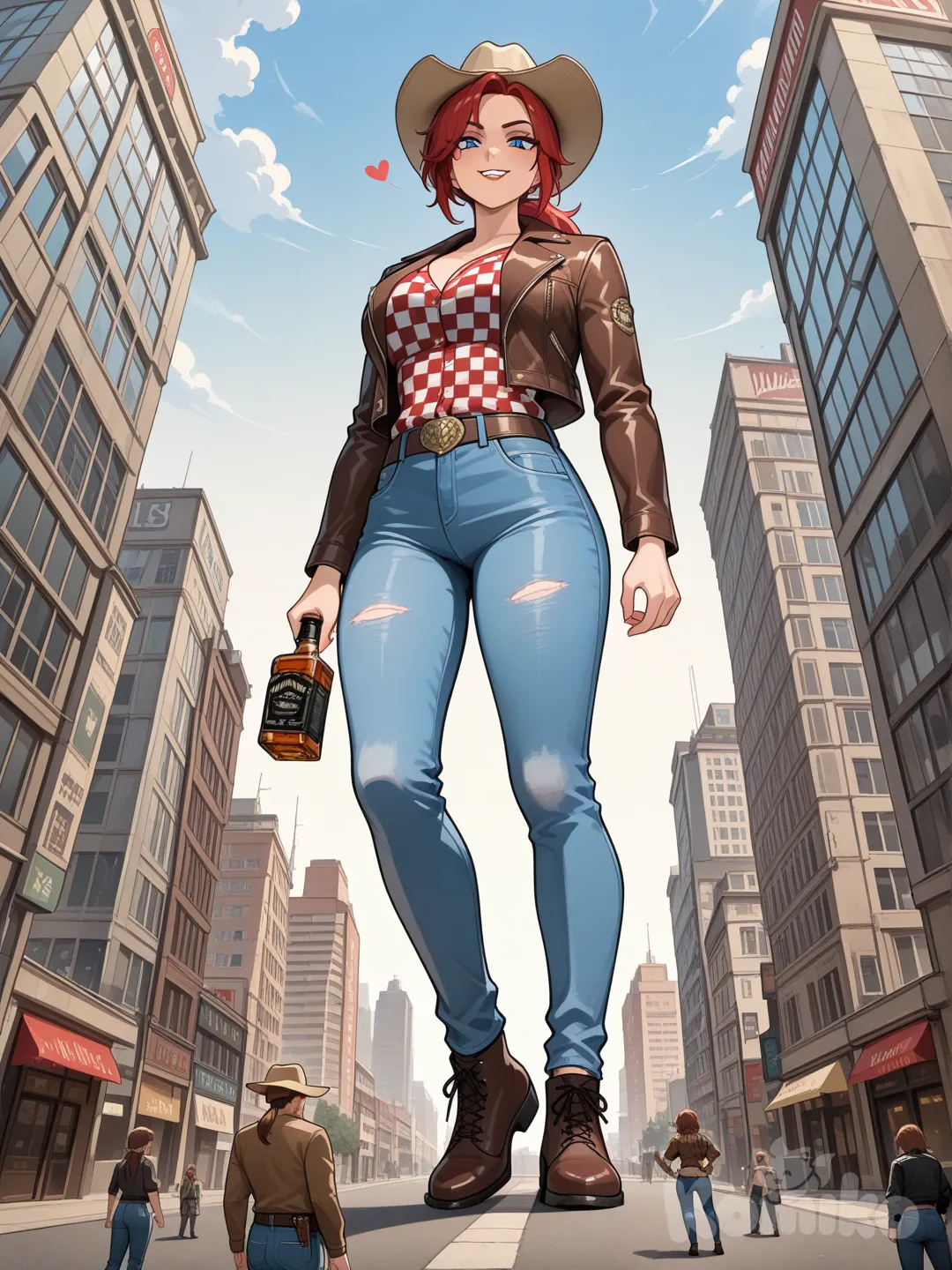Rose of Sharon Cassidy, Cass (fallout new vegas), Fallout new vegas, fallout, cowboy hat, beige cowboy hat, red hair, ponytail, sharp chin, slim face, leather jacket, checkered shirt, red and white checkered shirt, jeans, whiskey, thin head shape, heart shaped head, blue eyes, slim head, tall female, tall, fit, adult, mature, chiseled face, giantess, giant woman, shrunken people, shrunken men, tiny city, full body