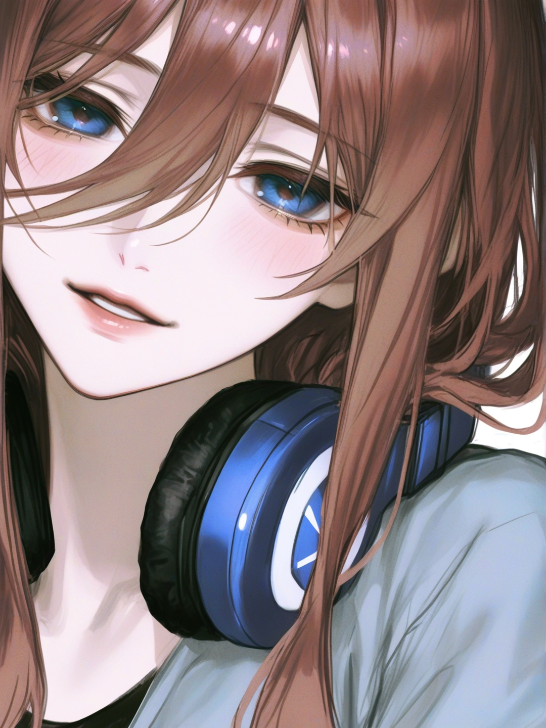 [semi-realistic-portrait-style] 1girl, miku_nakano, long_hair, bangs, blue_eyes, brown_hair, hair_between_eyes, shirt, headphones_around_neck, single_character, full_body, looking_at_viewer, anime_style, simple_background, white_background