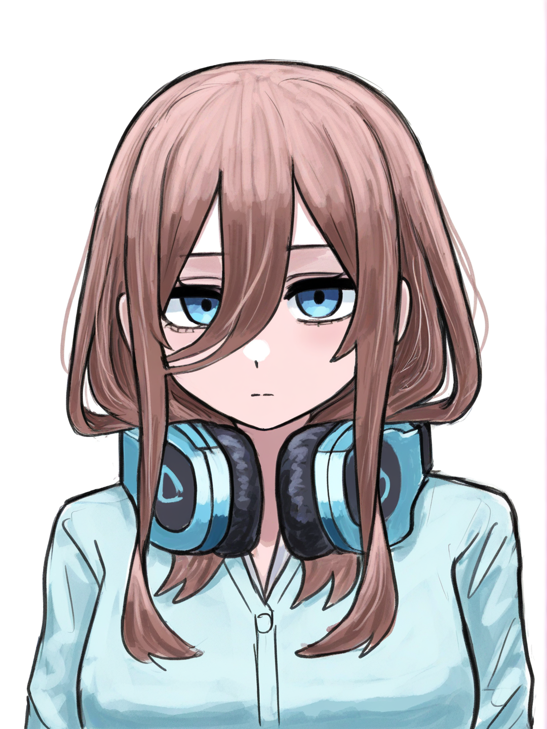 [sketchy-painterly-style] 1girl, miku_nakano, long_hair, bangs, blue_eyes, brown_hair, hair_between_eyes, shirt, headphones_around_neck, single_character, full_body, looking_at_viewer, anime_style, simple_background, white_background