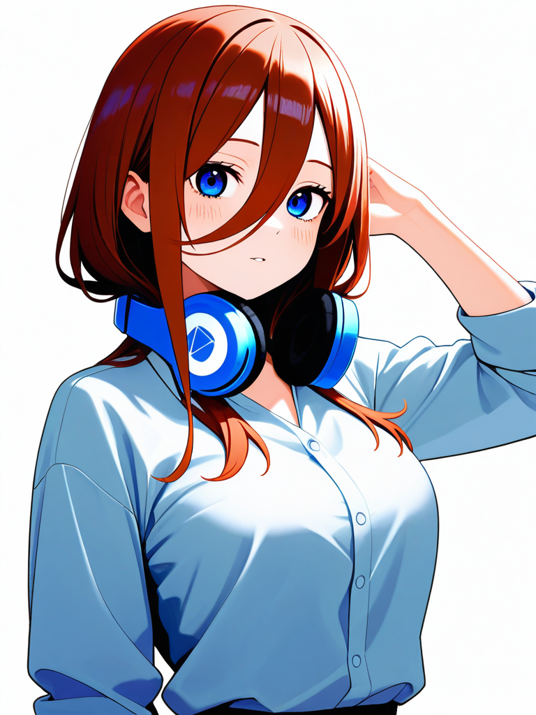 1girl, miku_nakano, long_hair, bangs, blue_eyes, brown_hair, hair_between_eyes, shirt, headphones_around_neck, single_character, full_body, looking_at_viewer, anime_style, simple_background, white_background